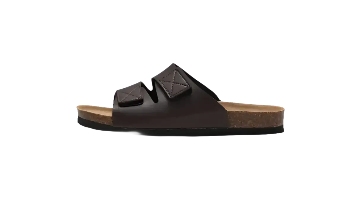 Brown leather slide sandal.
