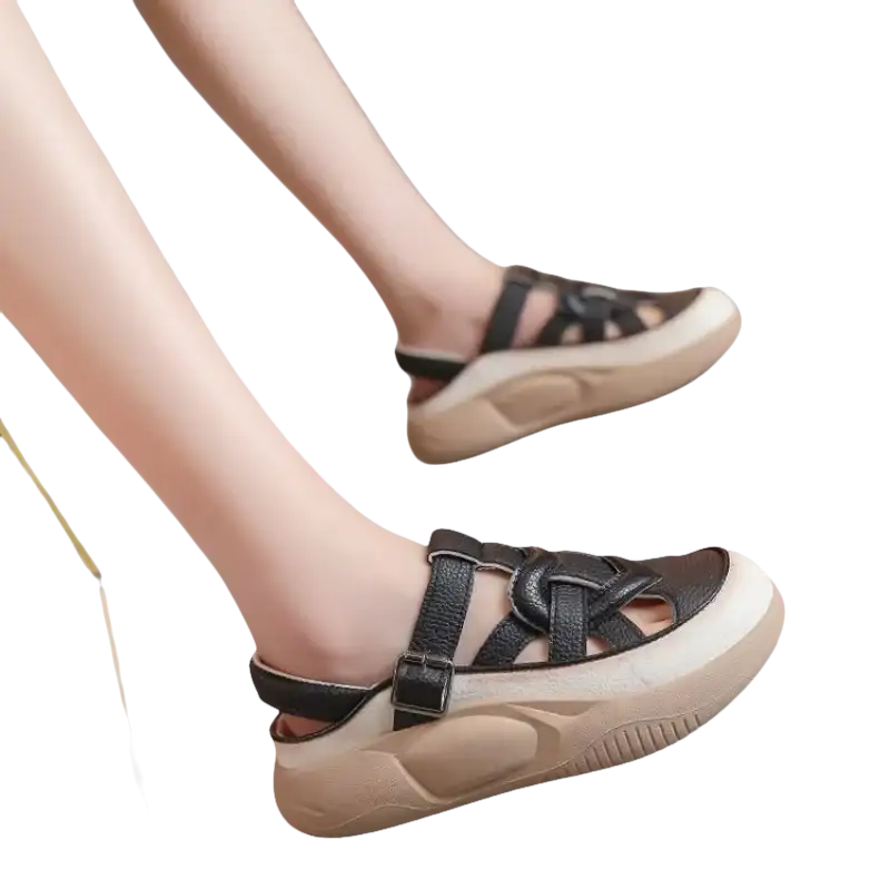 Black leather platform sandals.