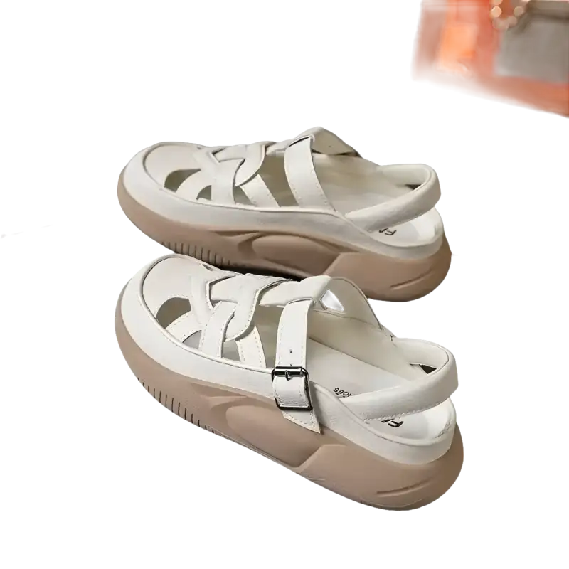 Pair of white leather platform sandals.