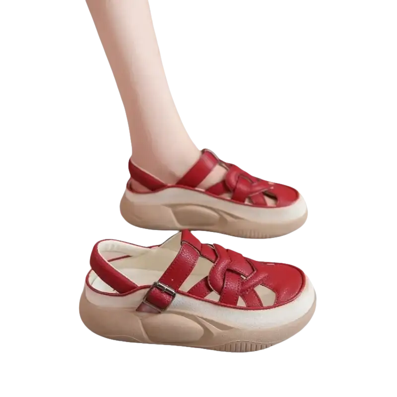 Red leather woven platform sandals.