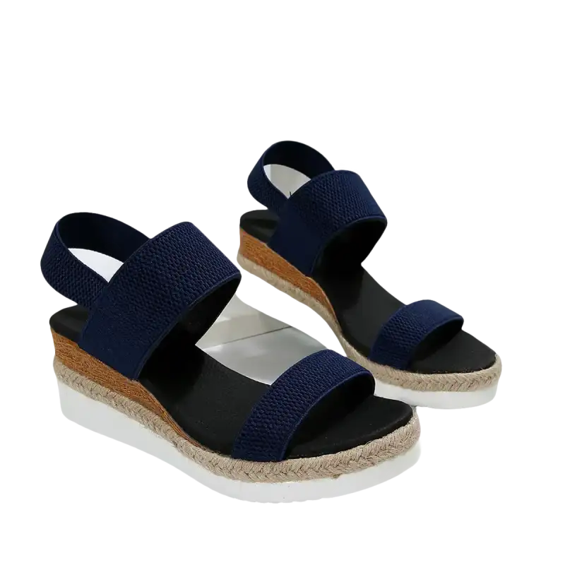 Navy blue wedge sandals.