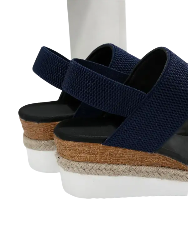 Navy blue wedge sandals.