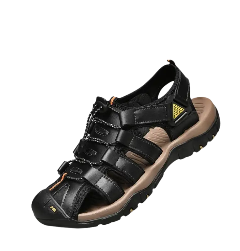 Black leather fisherman sandal.