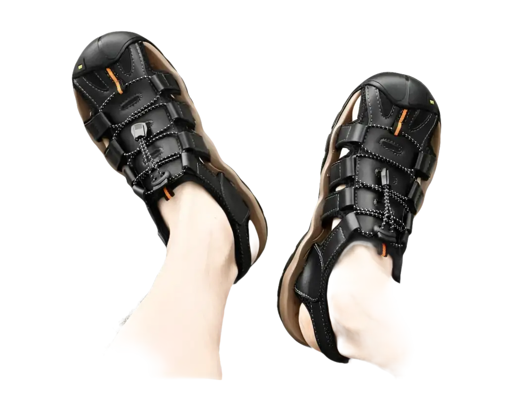 Black leather fisherman sandals.