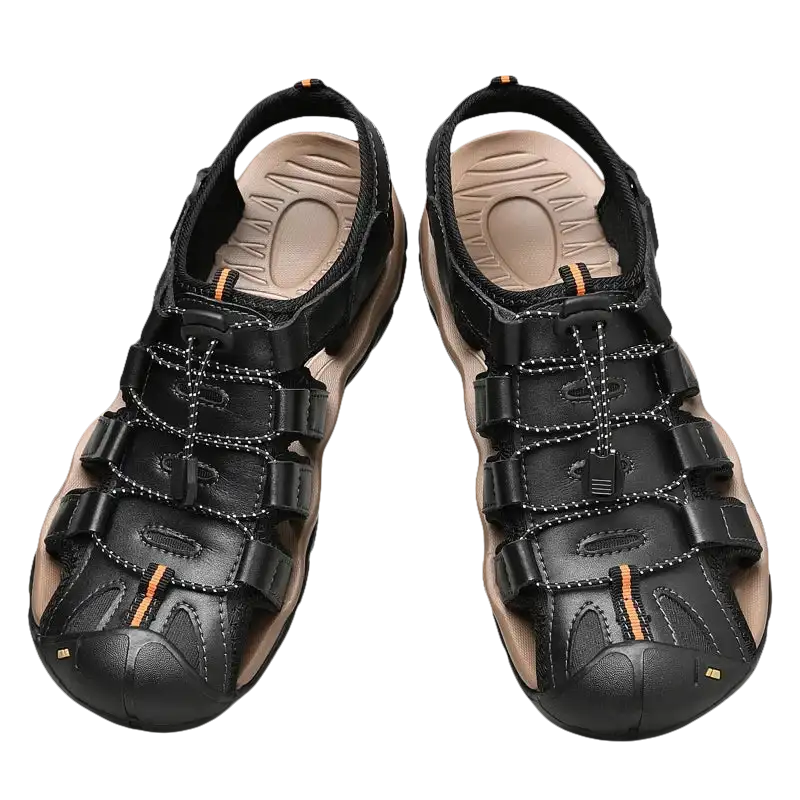 Black leather fisherman sandals.