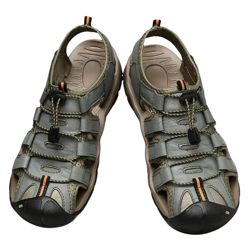 Gray leather fisherman sandals.
