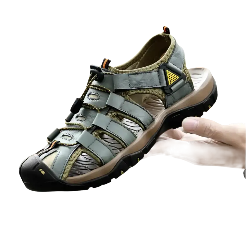 Gray leather sandal with adjustable straps.