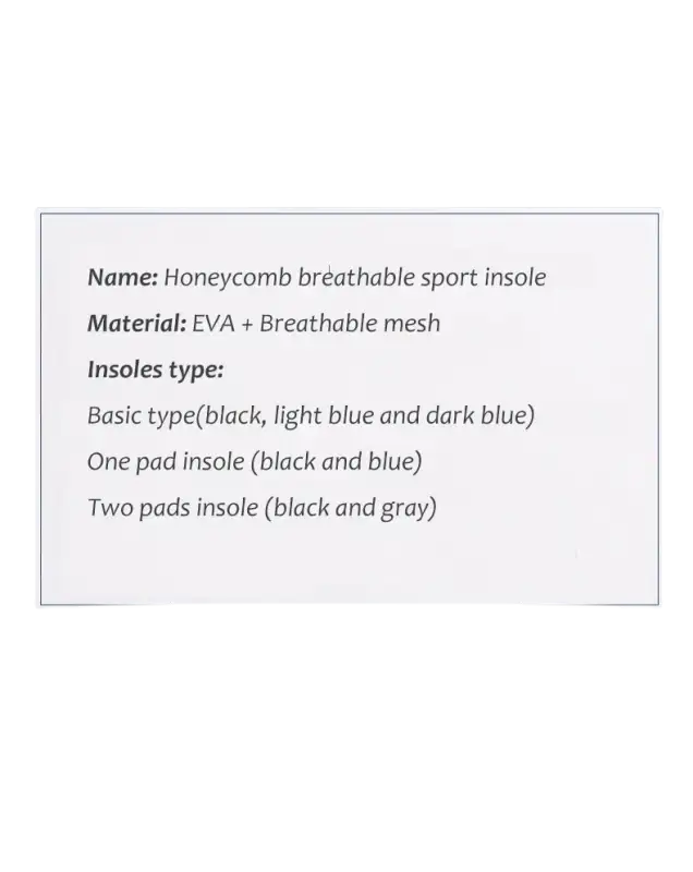 Honeycomb breathable sport insole information chart.