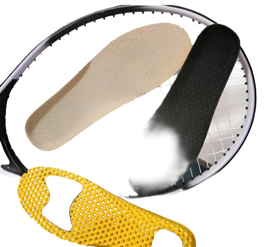 Shoe insoles on a tennis racket.