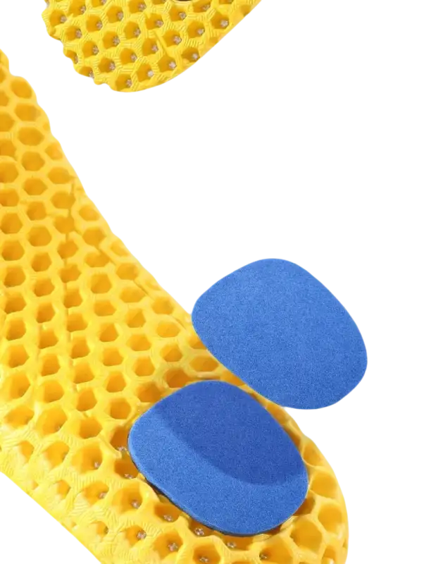 Yellow honeycomb insole with blue pads.