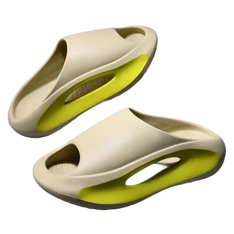 Beige and lime green slide sandals.