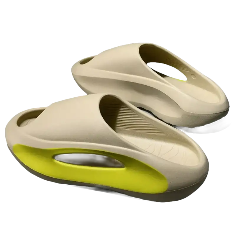 Beige and yellow slide sandals.