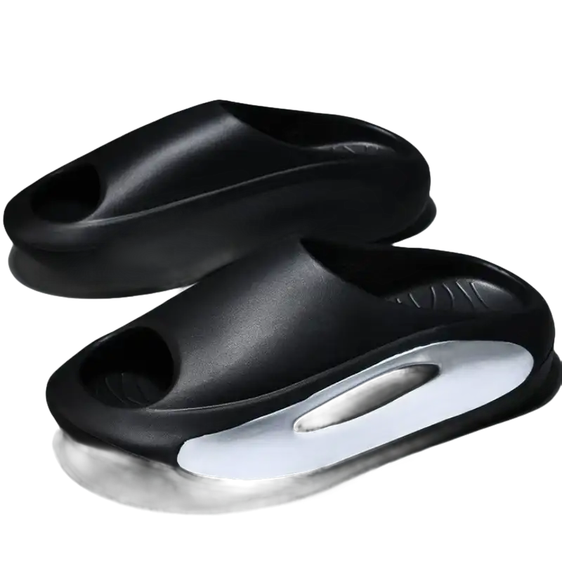 Black slip-on sandals.