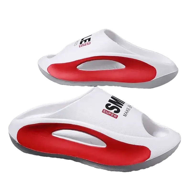 White and red cushioned slides.