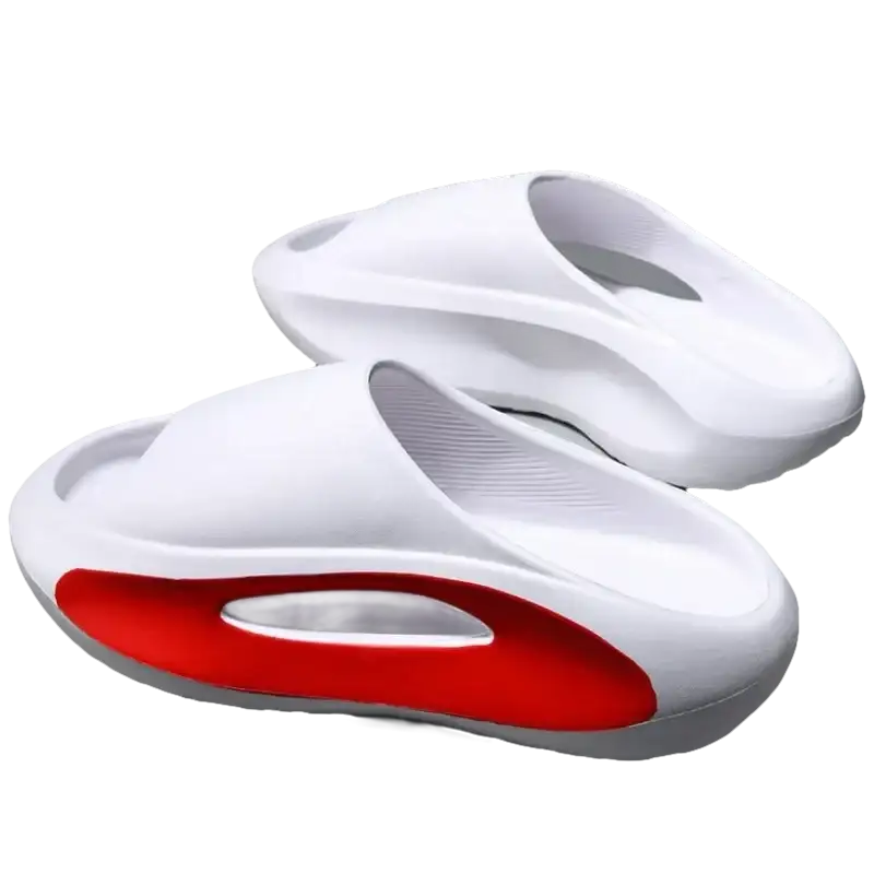 White and red slide sandals.
