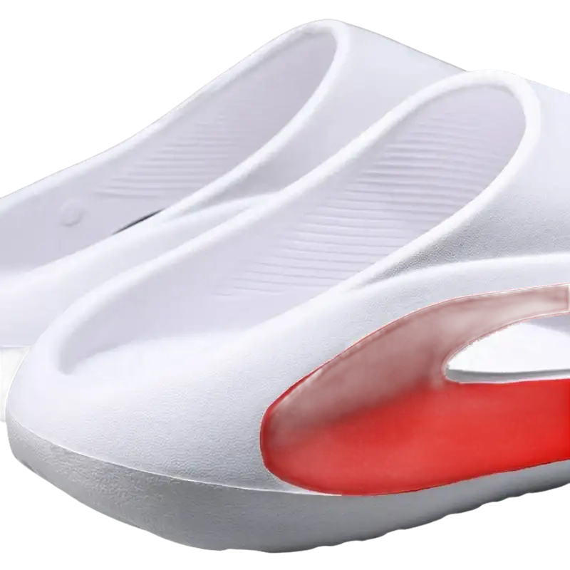 White and red slip-on sandals.