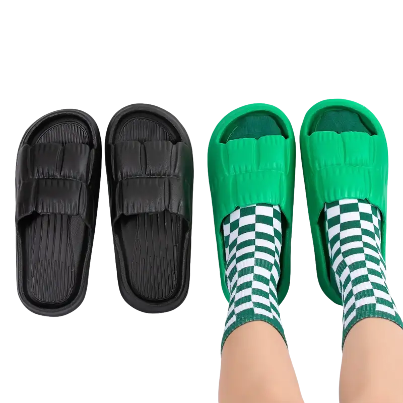 Black and green puffy slide sandals.