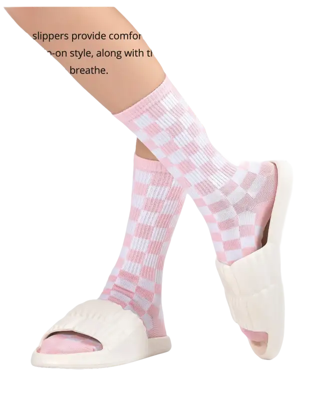 Pink and white checkered socks with white slide sandals.