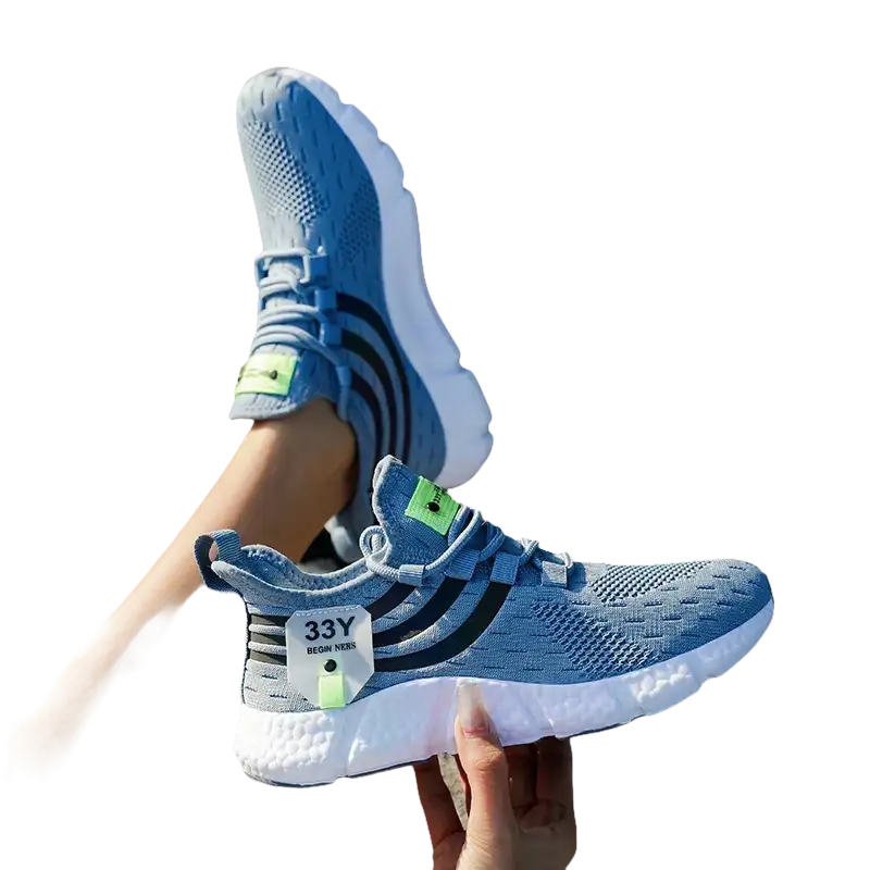 Blue and black striped athletic shoes.