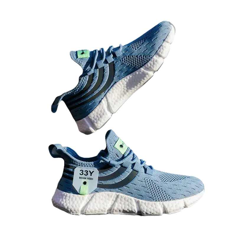 Blue knit running shoes.