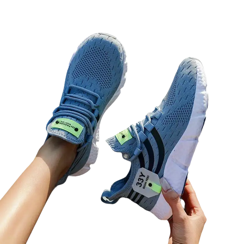 Blue knit athletic shoes.
