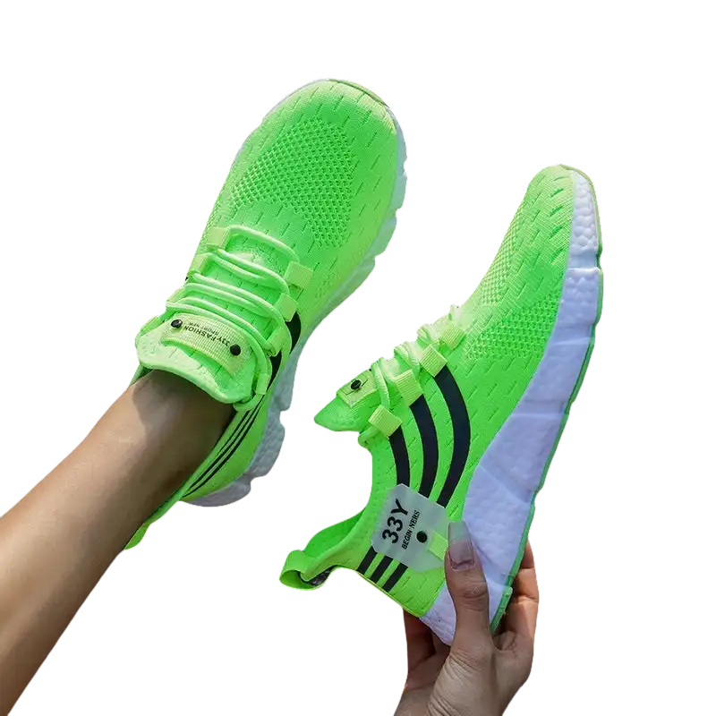 Bright green athletic shoes.