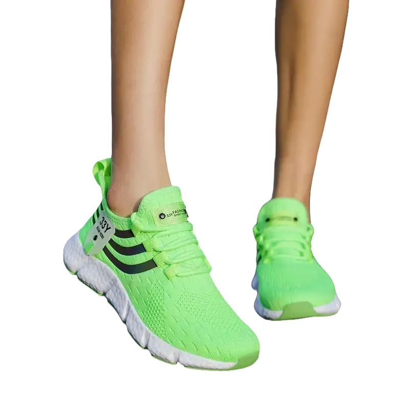 Lime green athletic shoes.
