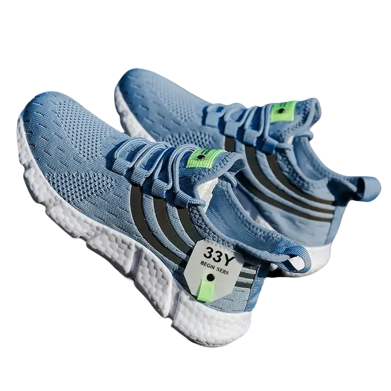 Pair of light blue knit sneakers.