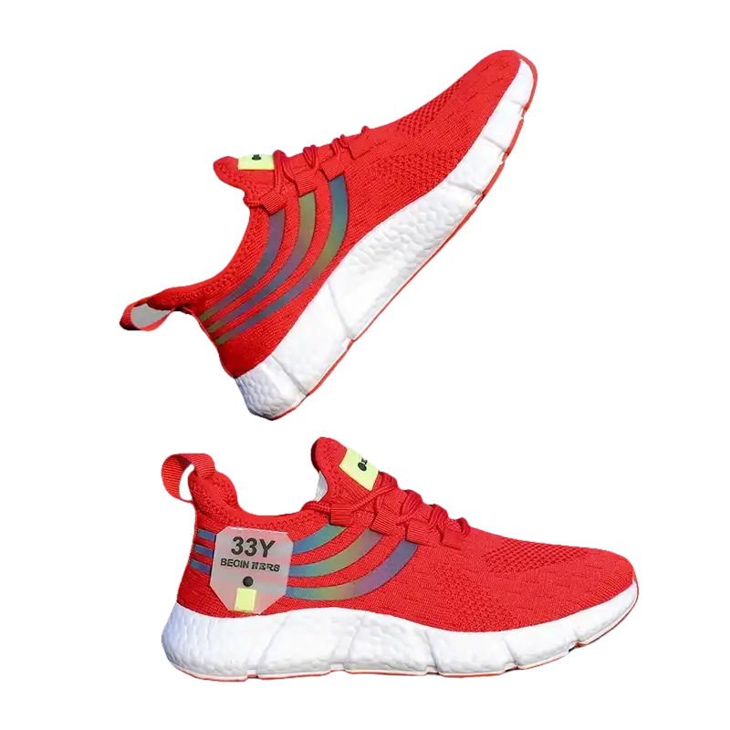 Red knit running shoes with rainbow stripes.