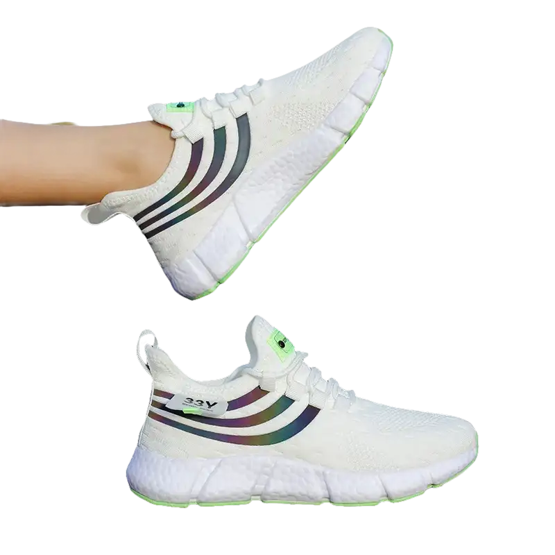 White athletic shoes with iridescent stripes.