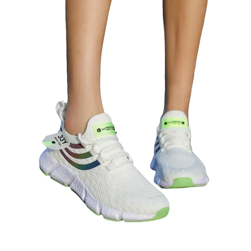 White athletic shoes with rainbow accents.