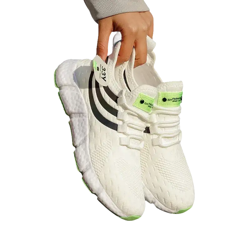 White athletic shoes with black stripes.