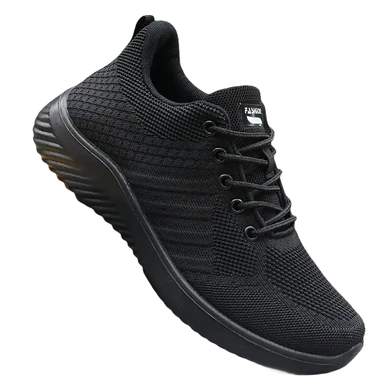 Black knit running shoe.
