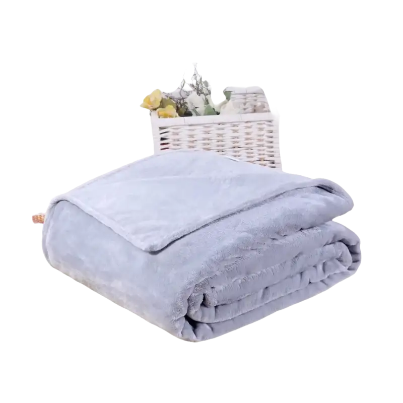 Folded gray plush blanket.