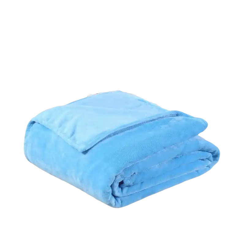 Folded light blue plush blanket.
