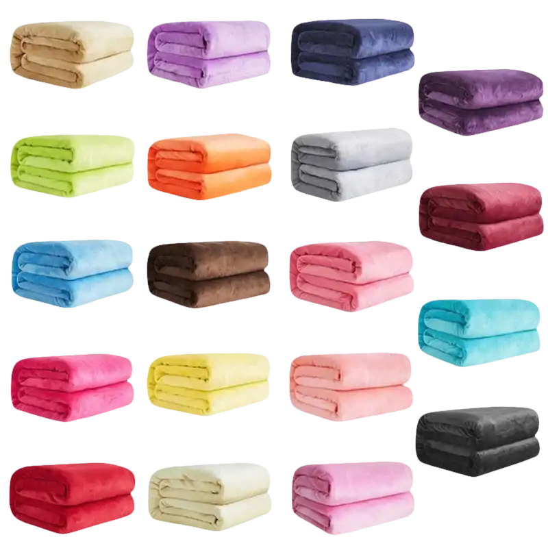 Folded plush blankets in various colors.