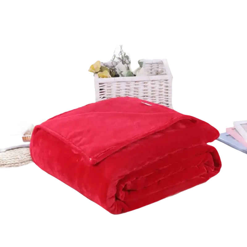 Folded red plush blanket.