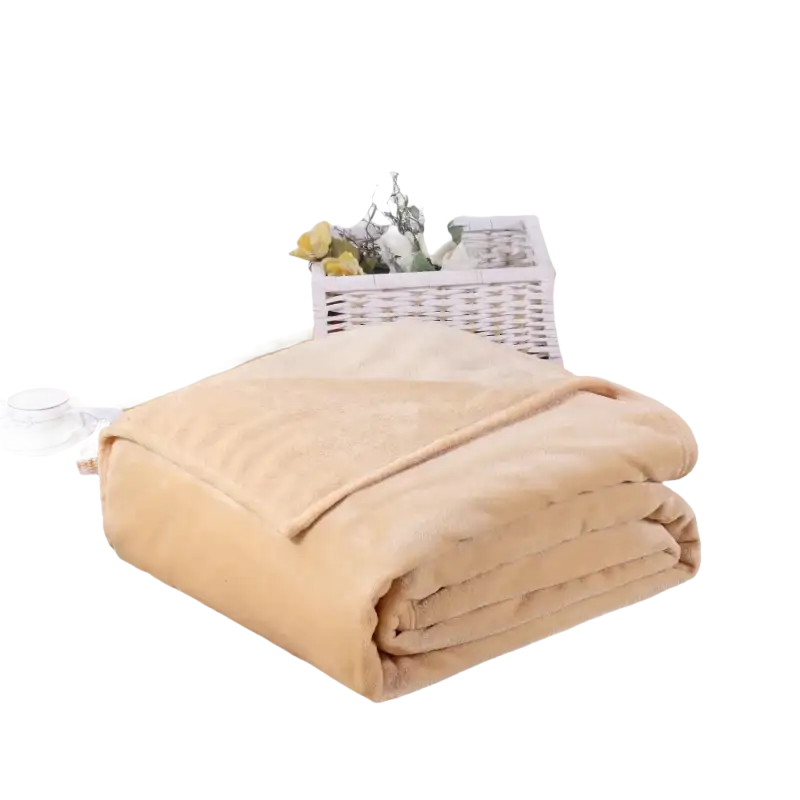 Folded tan plush blanket.