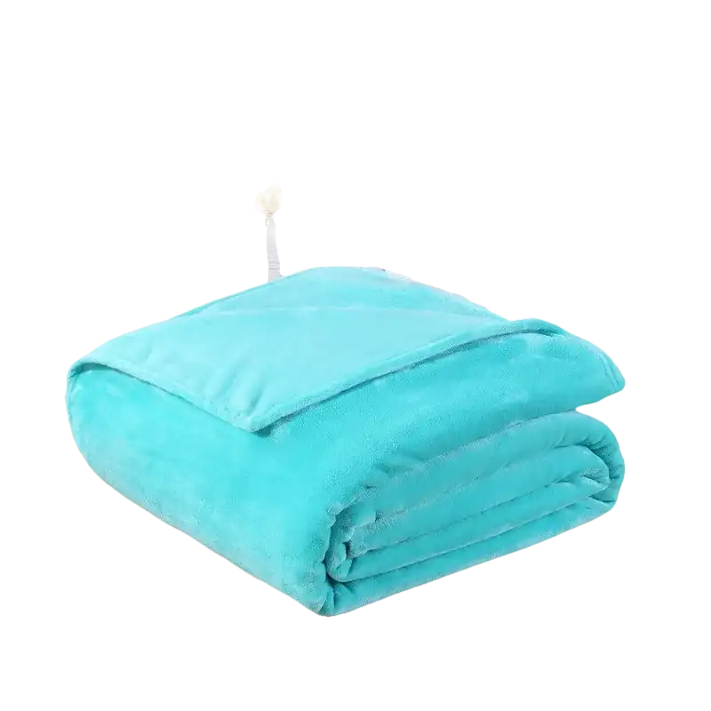 Folded turquoise plush blanket.