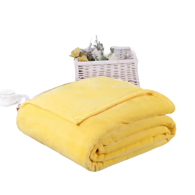 Folded yellow plush blanket.