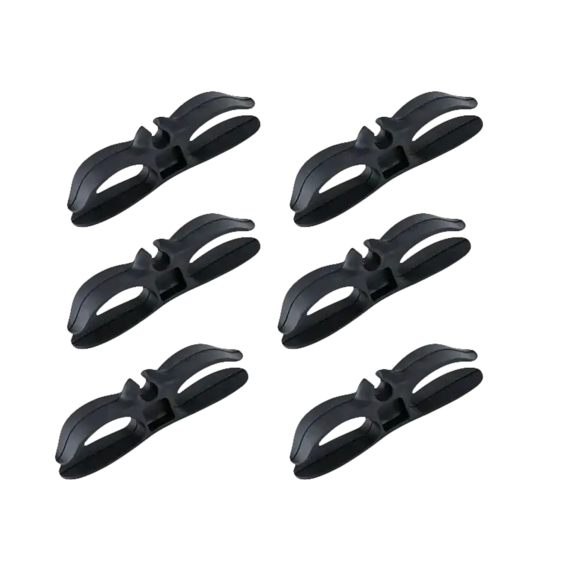 Six black plastic cable clips.