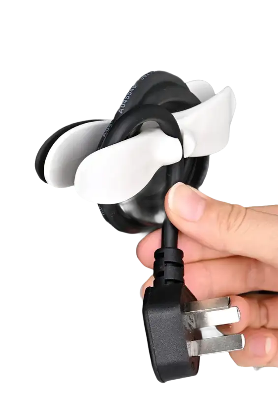Black power cord with white organizer.