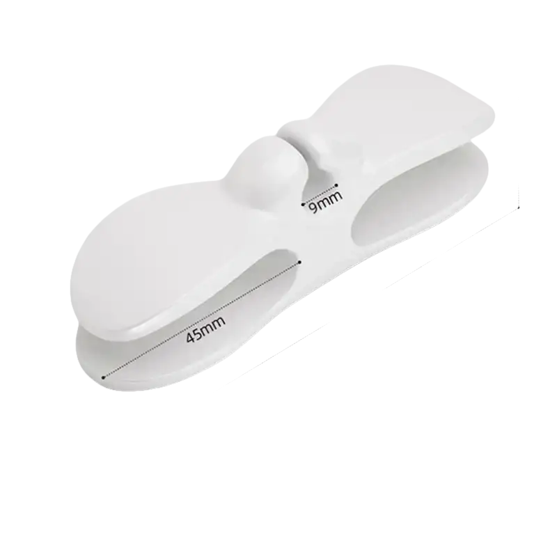 White plastic clip with dimensions.
