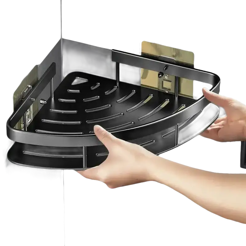 Black corner shower caddy.