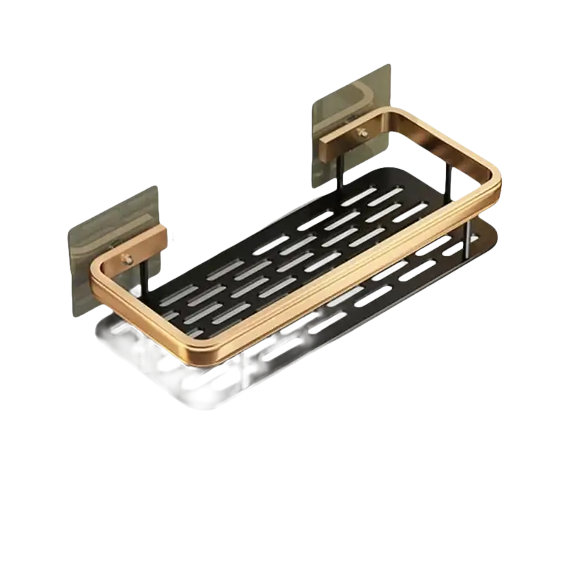 Black and gold metal shower shelf with dimensions.