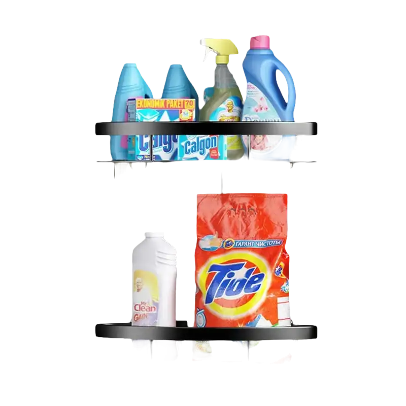 Corner shelves with cleaning supplies.