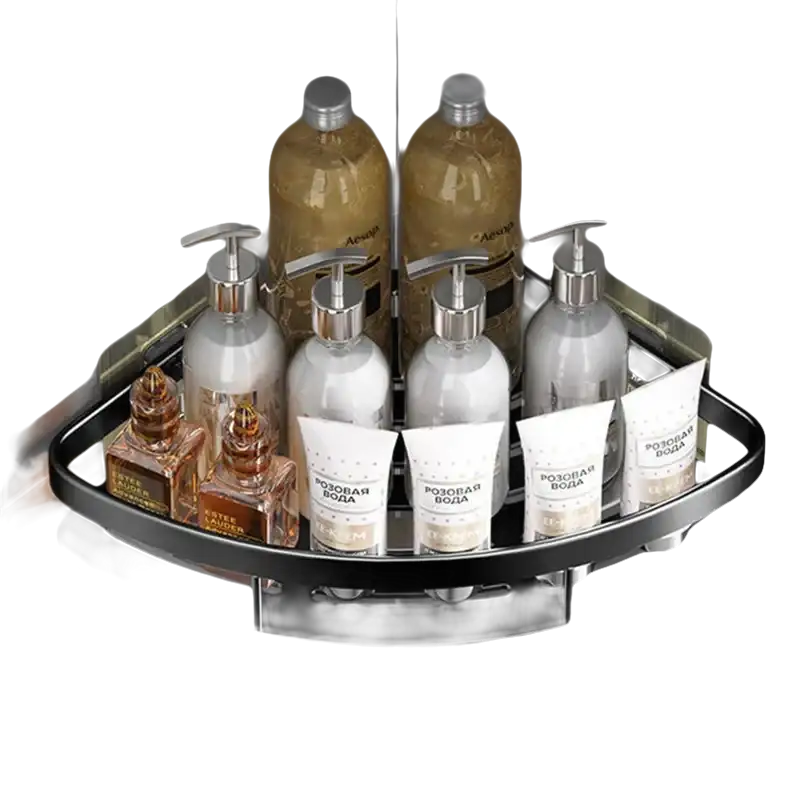 Corner shower shelf with toiletries.
