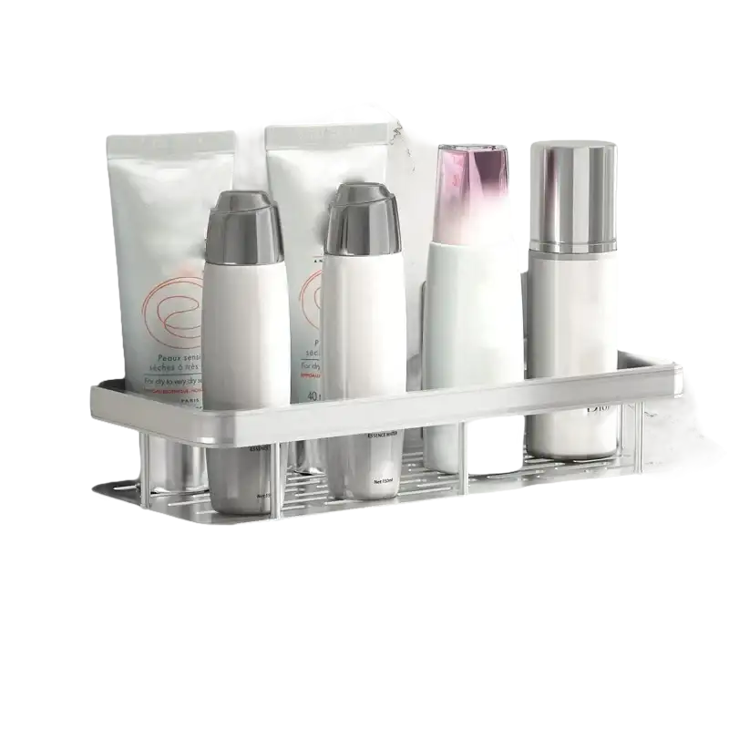 Silver bathroom shelf with toiletries.