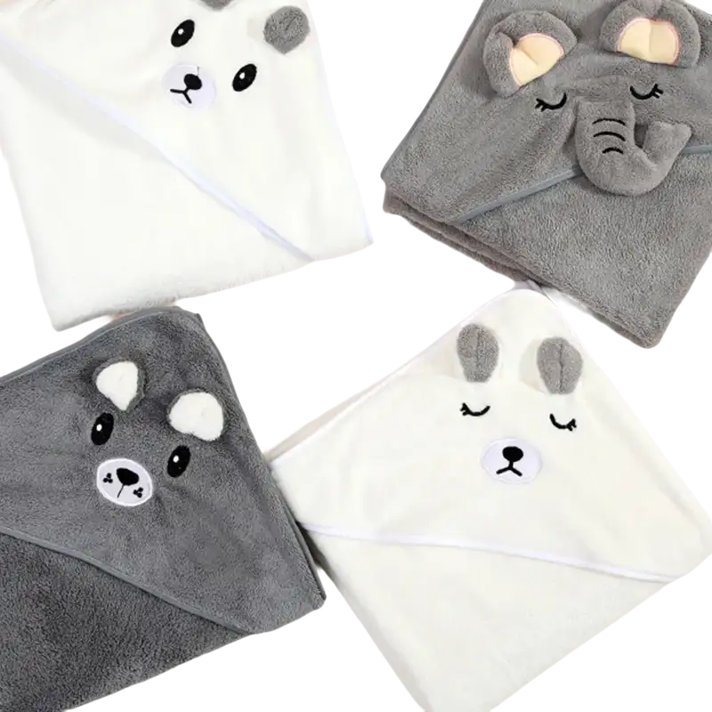 Four animal-themed hooded baby towels.