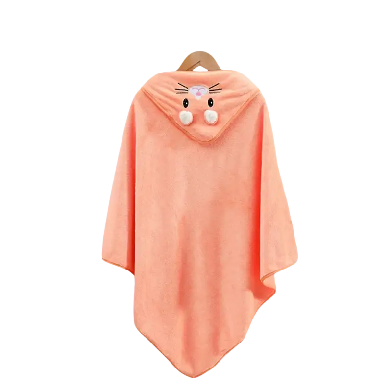 Peach-colored hooded towel with bunny design.